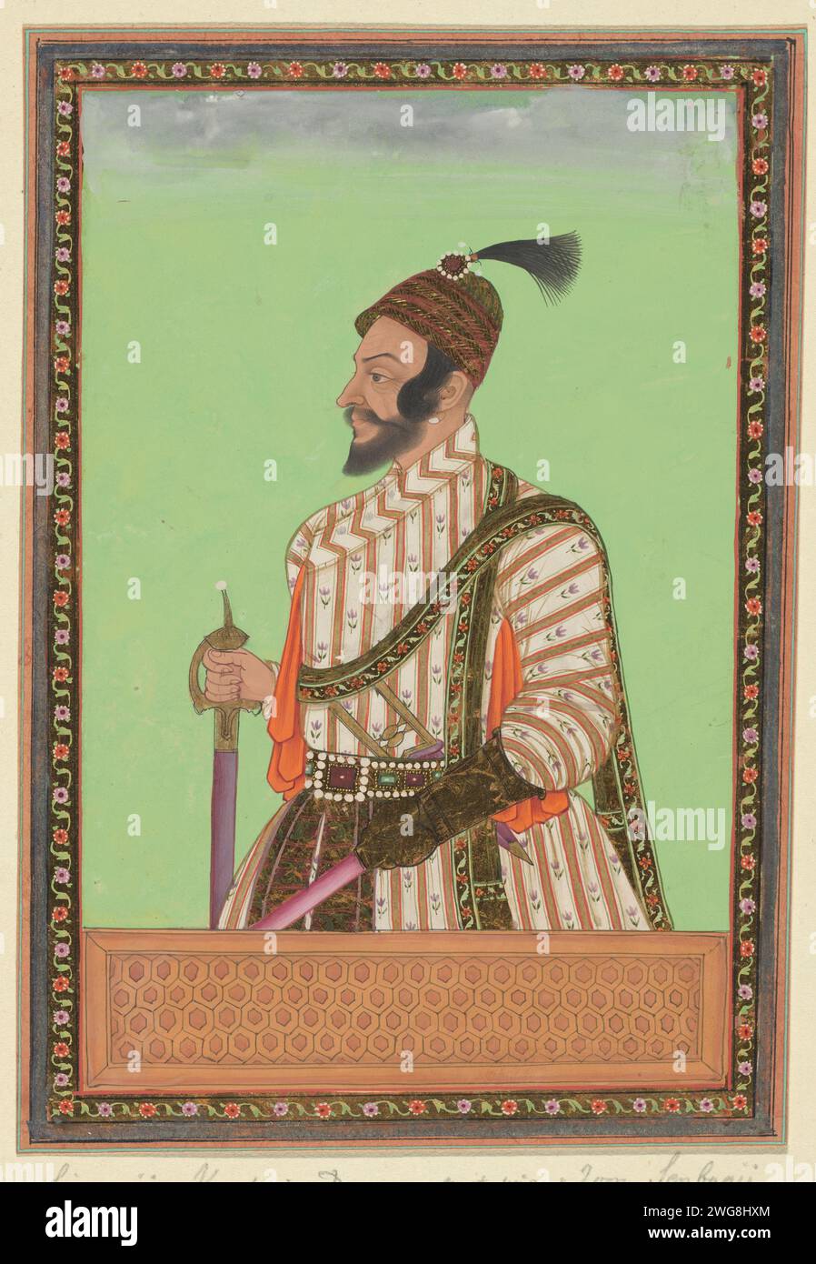 Portrait of Shivaji, c. 1675 - c. 1685 Indian miniature Shivaji (1627-1680) is depicted up to his hips, to the left, with a sword in his right hand and a lance (?) In the harnessed left hand. Leaf 46 in the `Witsen album ', with 49 Indian miniatures of princes. A piece of paper is stuck above the portrait with the name in Persian. A piece of paper is stuck under the portrait with the name in Portuguese. Golkonda paper. deck paint. gold leaf. gouache (paint) brush ruler, sovereign. historical person (...) - historical person (...) portrayed alone Stock Photo